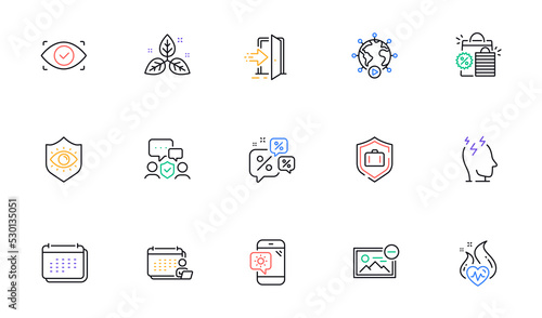 Entrance  Security agency and Eye protection line icons for website  printing. Collection of Luggage protect  Remove image  Weather phone icons. Discounts chat  Cardio training. Vector