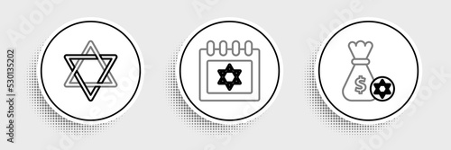 Set line Jewish money bag with star of david and coin, Star David and calendar icon. Vector