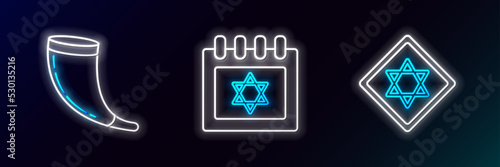 Set line Star of David, Traditional ram horn, shofar and Jewish calendar with star david icon. Glowing neon. Vector