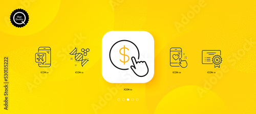 Heart rating, Buy currency and Flight mode minimal line icons. Yellow abstract background. Chemistry dna, Reject certificate icons. For web, application, printing. Vector