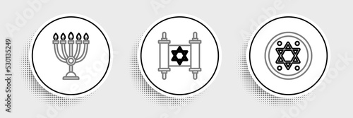 Set line Jewish coin, Hanukkah menorah and Torah scroll icon. Vector