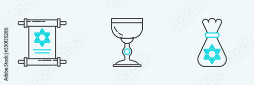 Set line Jewish money bag with star of david, Torah scroll and goblet icon. Vector