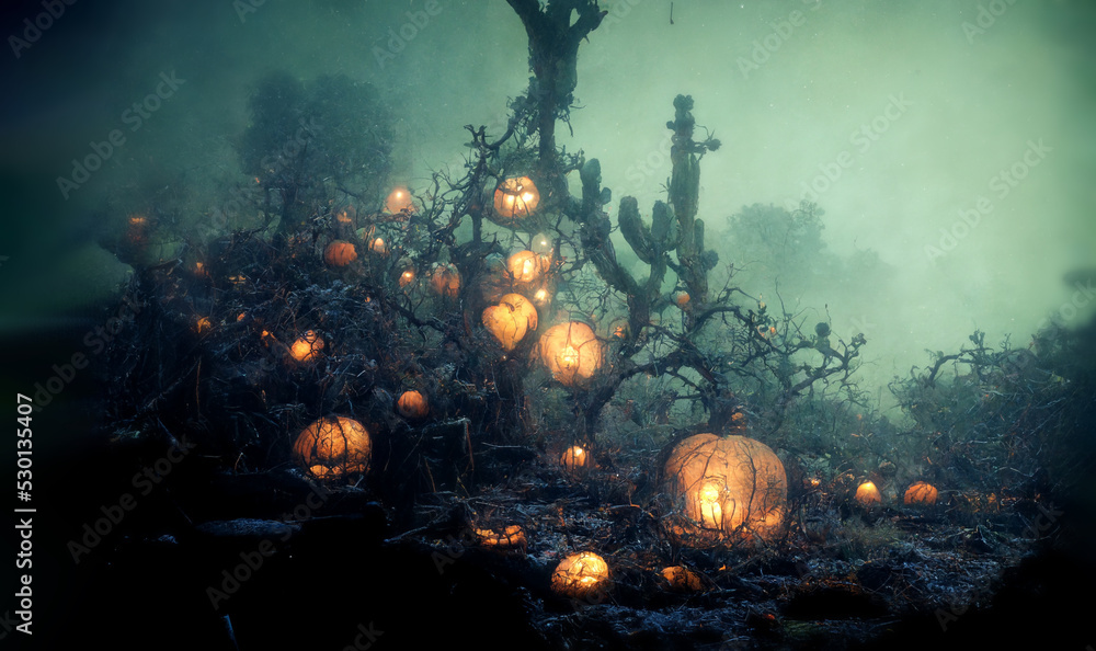 Spooky haunted Halloween abstract pumpkins and forest background,scary horror night, Halloween illustration 3d rendering