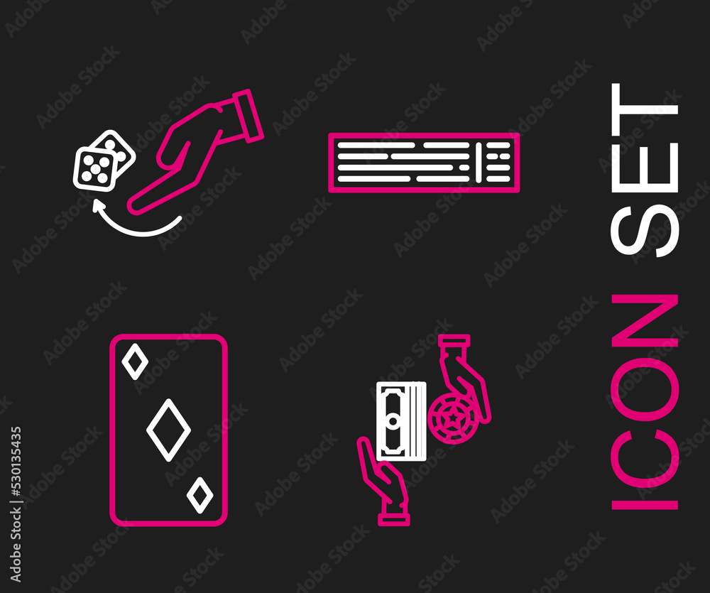 Set line Casino chips exchange on stacks of dollars, Playing card with diamonds symbol, Deck playing cards and Human hand throwing game dice icon. Vector Set line Casino chips exchange on stacks of dollars, Playing card with diamonds symbol, Deck playing cards and Human hand throwing game dice icon. Vector