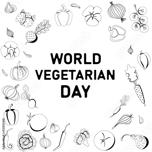 Vector postcard of the World Vegetarian Day in doodle style. Banner for the website, for printing.