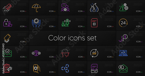 Set of Face scanning, Fire energy and Quiz test line icons. Include Megaphone checklist, Chemical formula, Lock icons. Delete file, Corrupted file, Engineering team web elements. Warning. Vector
