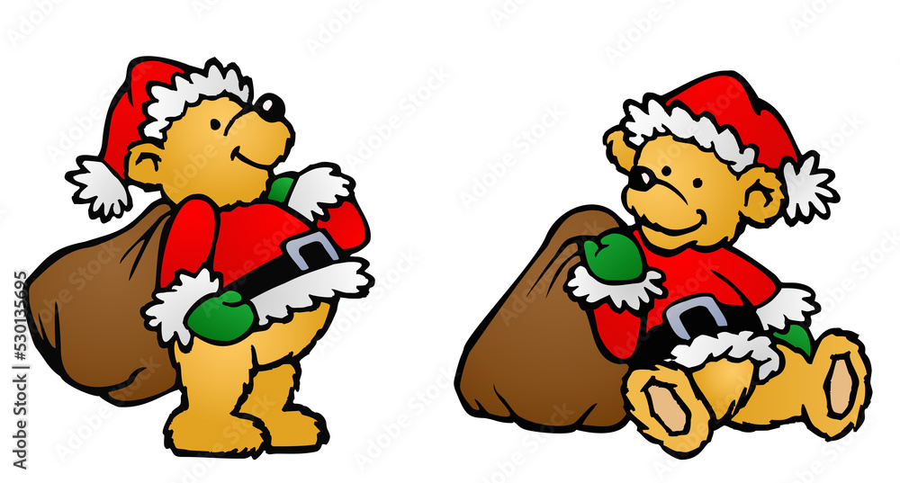 Teddy bear dressed as santa.  Santa bear with toybag