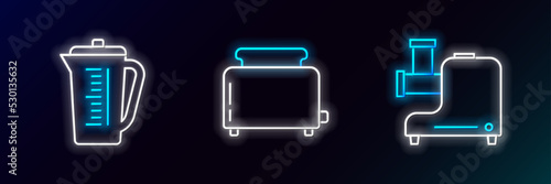 Set line Kitchen meat grinder, Measuring cup and Toaster with toasts icon. Glowing neon. Vector