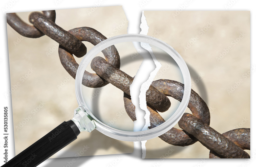 Look for the reasons for relationship break-ups - breaking the chains - Focus concept with a ripped photo of an old rusty metal chain seen through a magnifying glass Look for the reasons for relationship break-ups - breaking the chains - Focus concept with a ripped photo of an old rusty metal chain seen through a magnifying glass