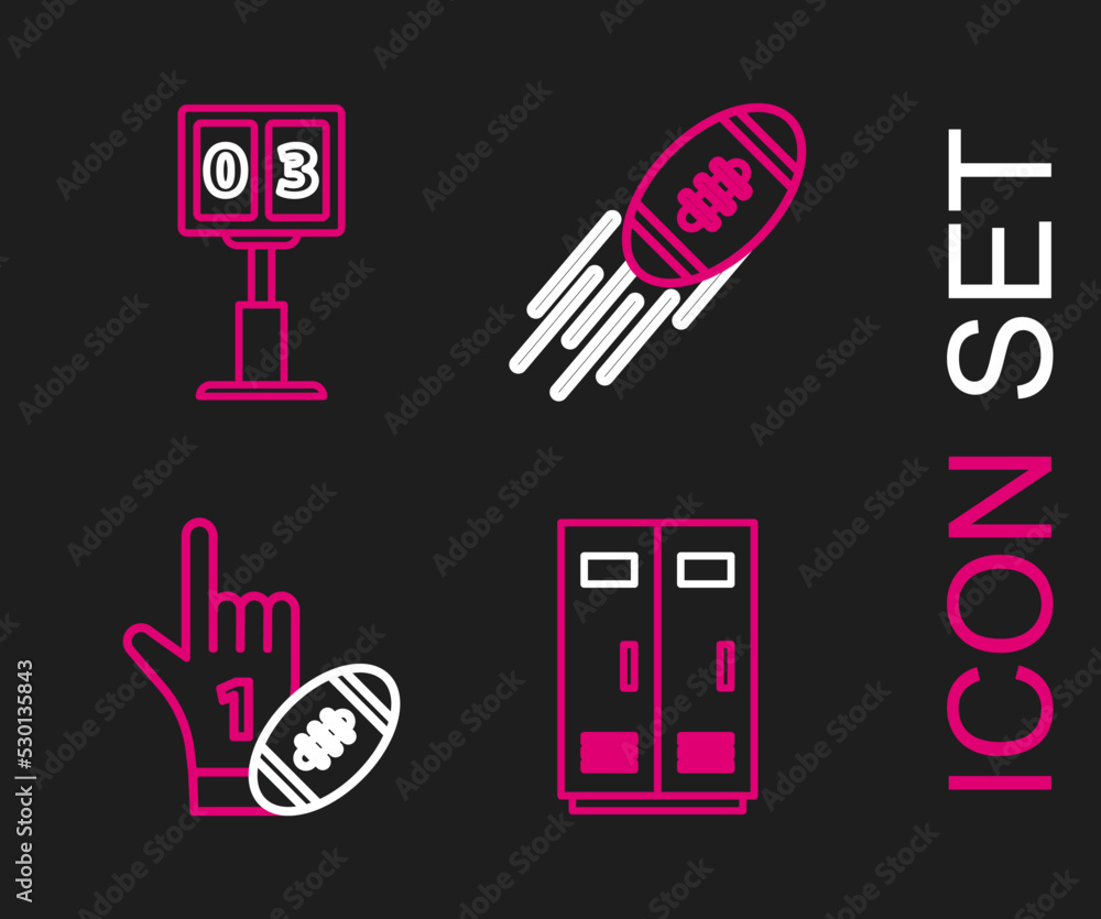 Set line Locker or changing room for football, Number 1 one fan hand glove with finger raised and american, American Football and Sport mechanical scoreboard result display icon. Vector Set line Locker or changing room for football, Number 1 one fan hand glove with finger raised and american, American Football and Sport mechanical scoreboard result display icon. Vector