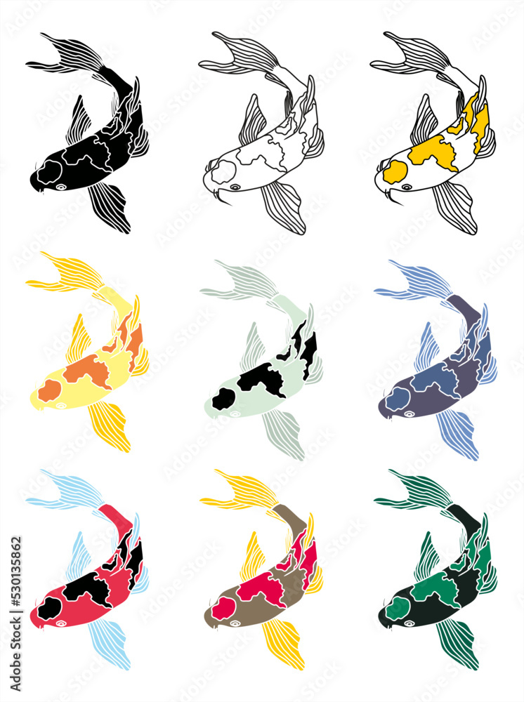 sets of line art koi fish illustrations for fabric pattern