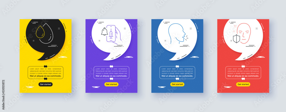 Set of Vaccine announcement, Oil drop and Cough line icons. Poster offer frame with quote, comma. Include Face protection icons. For web, application. Vector - obrazy, fototapety, plakaty 