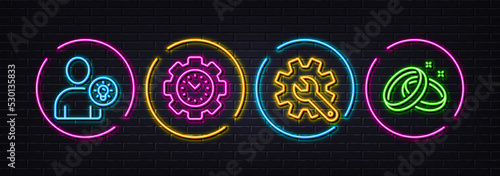 Time management, Customisation and User idea minimal line icons. Neon laser 3d lights. Wedding rings icons. For web, application, printing. Settings, Light bulb, Love. Neon lights buttons. Vector