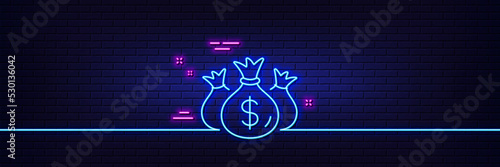 Neon light glow effect. Check investment line icon. Business audit sign. Cash bags symbol. 3d line neon glow icon. Brick wall banner. Check investment outline. Vector