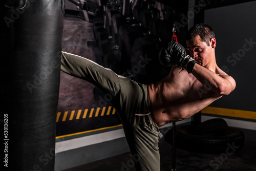 High quality photography. Caucasian man with short hair and shirtless training mixed martial arts kicking a boxing bag in a gym. Slim man starting to train martial arts in the gym.