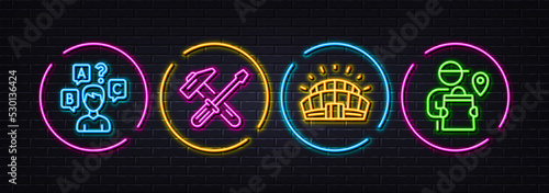 Hammer tool, Quiz test and Sports stadium minimal line icons. Neon laser 3d lights. Delivery man icons. For web, application, printing. Repair screwdriver, Interview, Championship arena. Vector