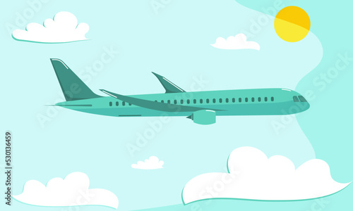 A passenger plane is flying in the sky with clouds and the sun.  The illustration is made in a flat style.