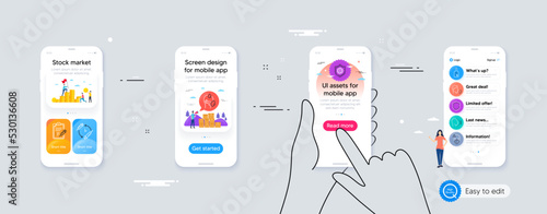 Alcohol free, Vaccination schedule and Cough minimal line icons. Phone ui interface. Shield, Medical mask, Coronavirus protection icons. Vaccine report, Face id, Sick man web elements. Vector