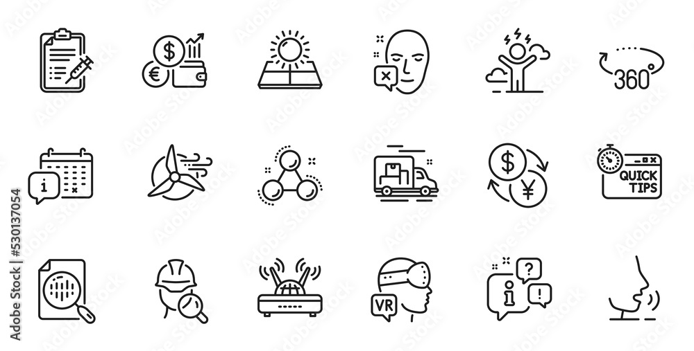 Outline set of Face declined, Inspect and Chemistry molecule line icons for web application. Talk, information, delivery truck outline icon. Vector