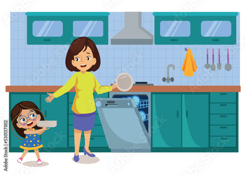 cute little girl dishwasher helping her mother with the dishes.