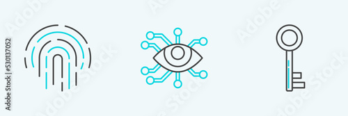 Set line Key, Fingerprint and Eye scan icon. Vector