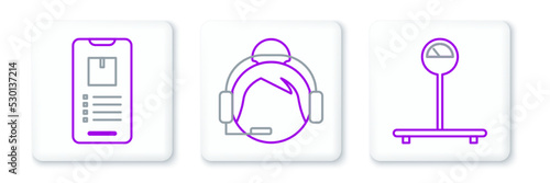 Set line Scale, Mobile phone with app delivery tracking and Support operator touch icon. Vector