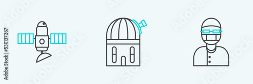 Set line Assistant, Satellite and Astronomical observatory icon. Vector