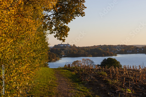 Traumhafter Blick auf hügelige Herbstlandschaft am Trammer See bei Plön.