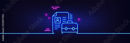 Neon light glow effect. Business case with CV line icon. Portfolio symbol. Vacancy or Hiring sign. 3d line neon glow icon. Brick wall banner. Vacancy outline. Vector