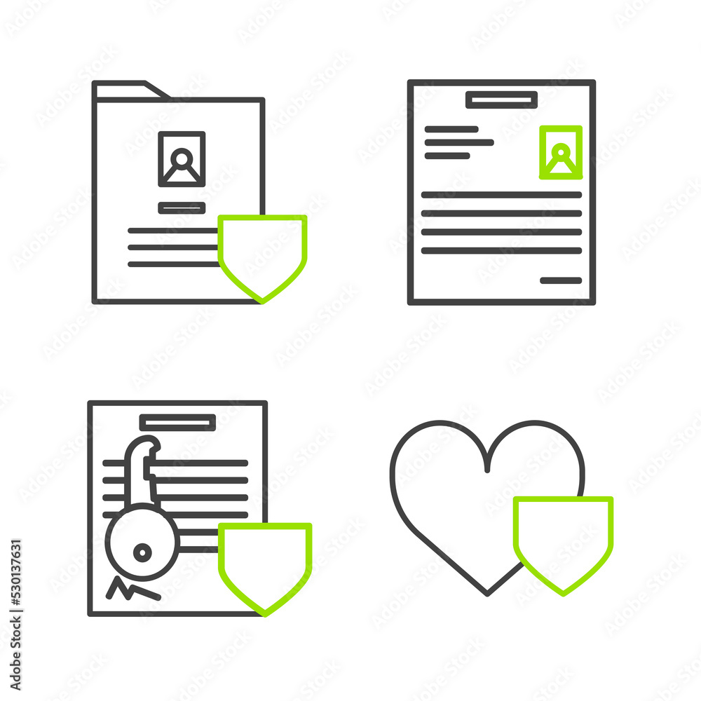 Set line Heart with shield, Document key, Personal document and icon. Vector Set line Heart with shield, Document key, Personal document and icon. Vector