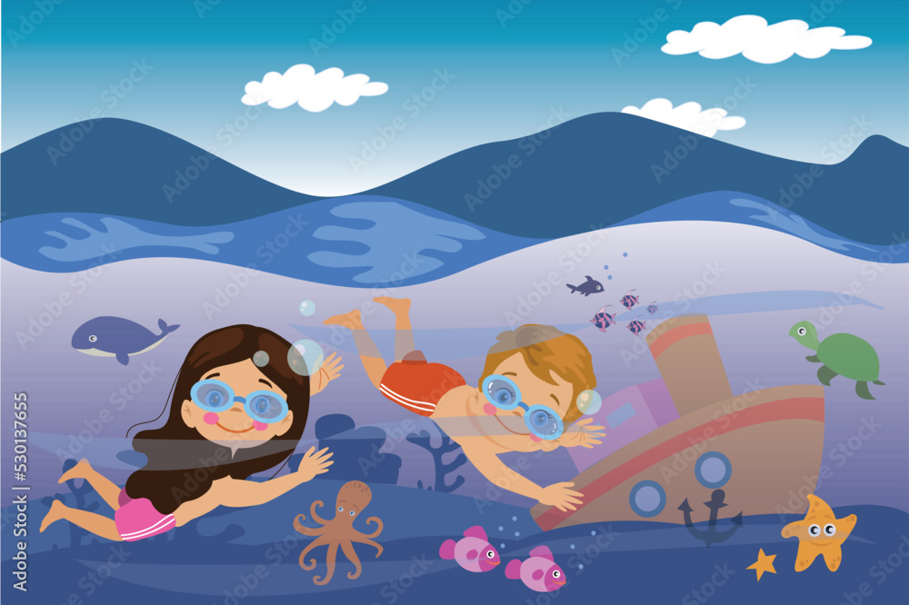 Underwater Sunken Ship Fishes And Cute Kids Swimming