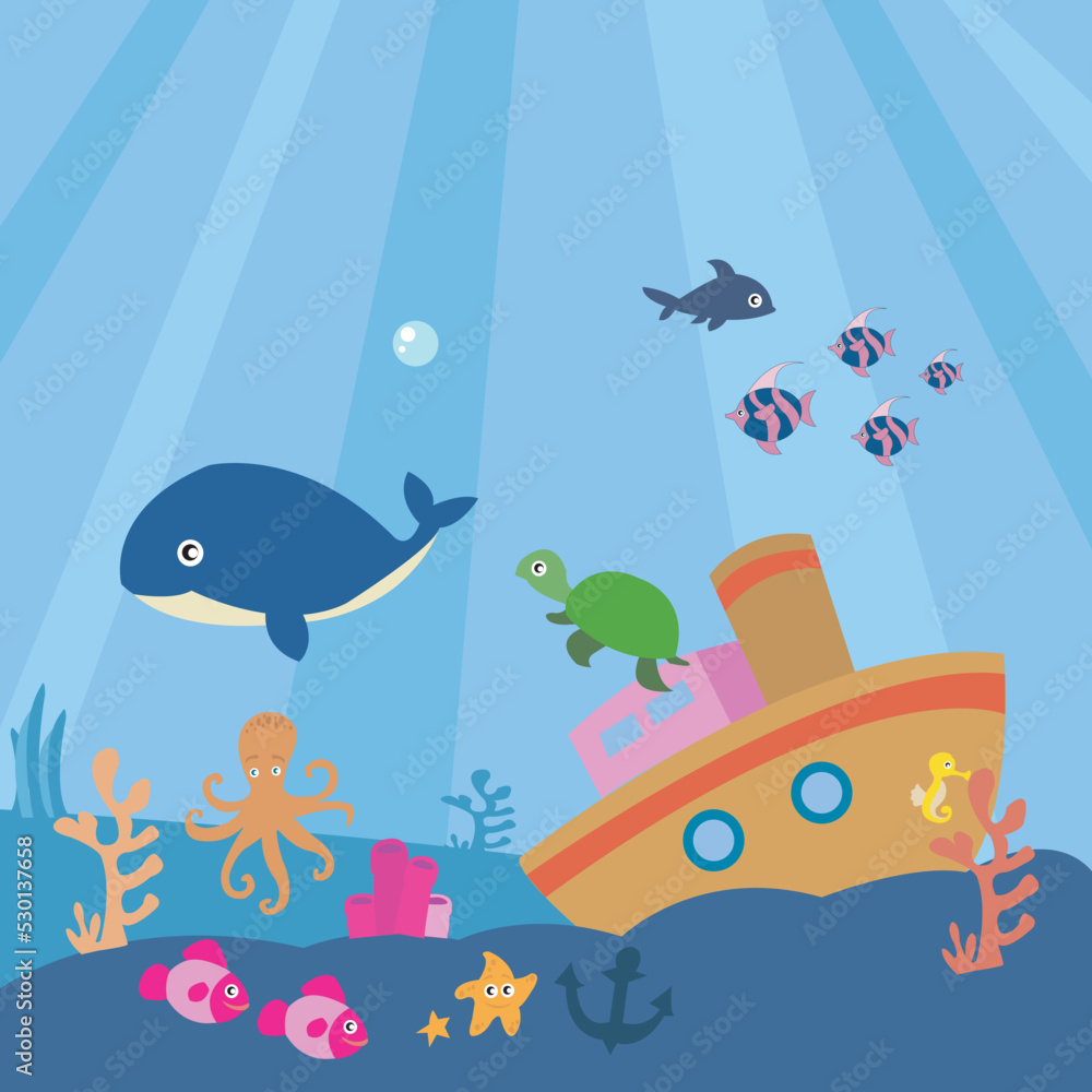 Fototapeta premium sunken ship fishes and submarine
