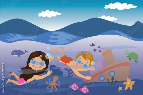 Underwater Sunken Ship Fishes And Cute Kids Swimming