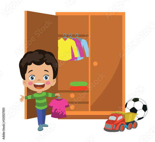 cute boy tidying his room and tidying his closet wardrobe