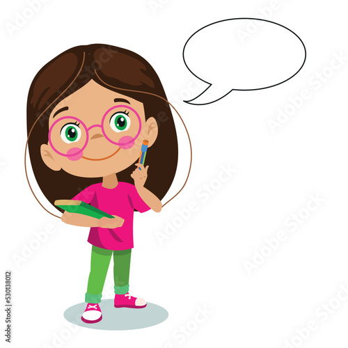 thinking cute smart little girl talk with balloon chat