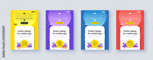 Simple set of Report, Calendar graph and Dollar rate line icons. Poster offer design with phone interface mockup. Include Wallet icons. For web, application. Vector