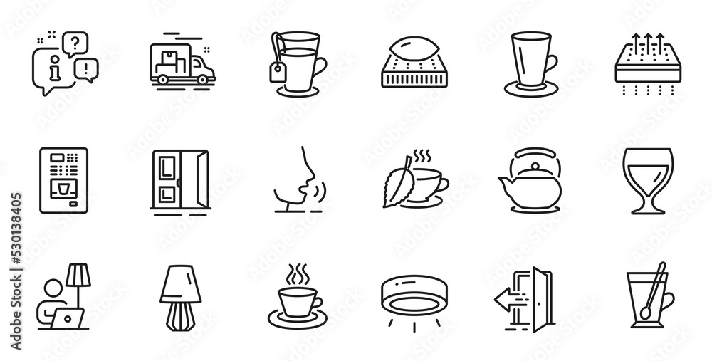 Outline set of Mint tea, Breathable mattress and Wine glass line icons for web application. Talk, information, delivery truck outline icon. Include Mattress, Entrance, Teapot icons. Vector