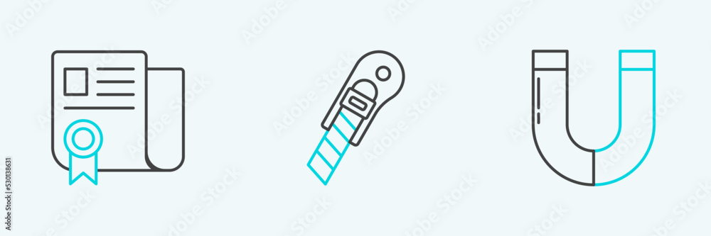 Set line Magnet, Certificate template and Stationery knife icon. Vector Set line Magnet, Certificate template and Stationery knife icon. Vector
