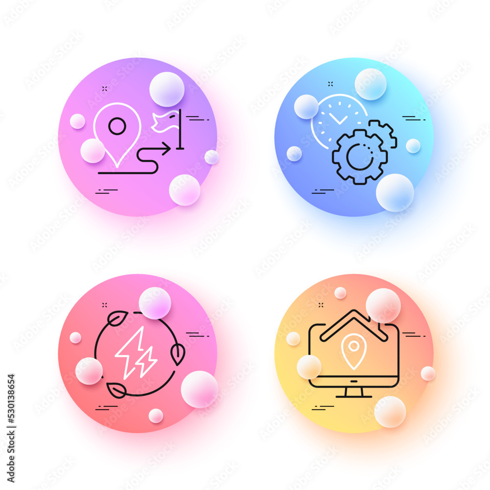 Work home, Time management and Journey minimal line icons. 3d spheres or balls buttons. Green electricity icons. For web, application, printing. Freelance work, Settings, Trip distance. Vector Work home, Time management and Journey minimal line icons. 3d spheres or balls buttons. Green electricity icons. For web, application, printing. Freelance work, Settings, Trip distance. Vector