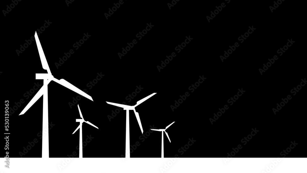 4K White Silhouette wind turbines collection isolated on Black ...