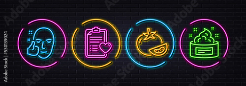 Healthy face, Tomato and Patient history minimal line icons. Neon laser 3d lights. Skin cream icons. For web, application, printing. Healthy cosmetics, Fresh vegetable, Medical survey. Vector