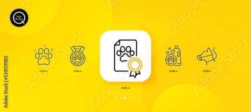 Dog competition, Dog certificate and Pet shampoo minimal line icons. Yellow abstract background. Pet friendly icons. For web, application, printing. Vector