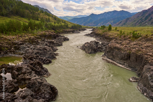 Katun river in Altai mountains, Dangerous river, Russia, Altay. Altai Mountain, Beautifil landscape with mountaines, river and forest.