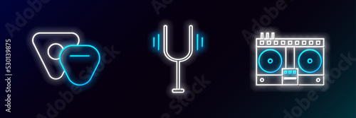 Set line DJ remote for playing and mixing music, Guitar pick and Musical tuning fork icon. Glowing neon. Vector