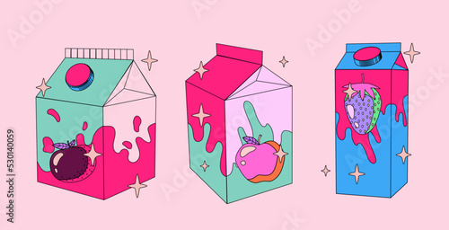 Set of juice packs in pastel colors. Vaporwave and city pop style illustrations for poster or print design.