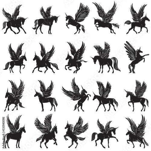 black silhouette set of unicorns, pegasus ,isolated vector