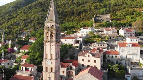 Old medieval enetian town Perast. Resort on Bay of Kotor in Montenegro. Aerial drone footage. photo