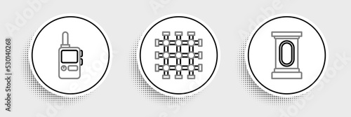 Set line Stage stand or debate podium rostrum, Walkie talkie and Prison window icon. Vector