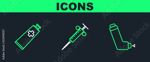Set line Inhaler, Ointment cream tube medicine and Syringe icon. Vector