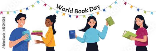 World book day. People with books in hands. Concept of reading, development, education. Vector flat illustration.